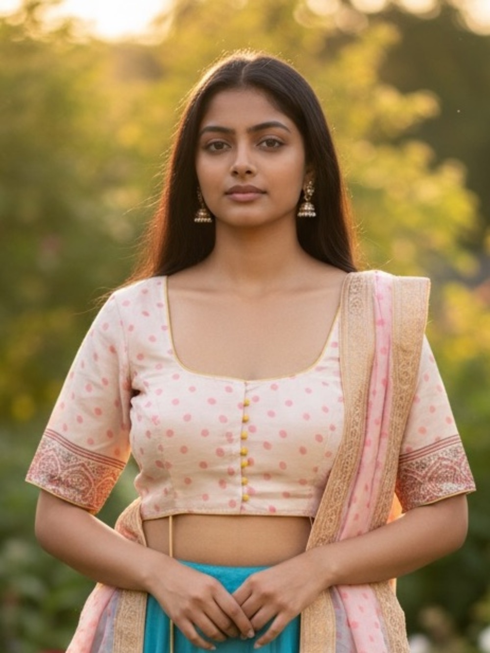 Polka Dot Tie-Back Sari Blouse in Light Peach with yellow Trim